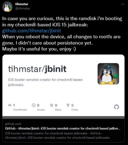 checkm8 based jailbreaks tihmstarjbinit iOS booter 